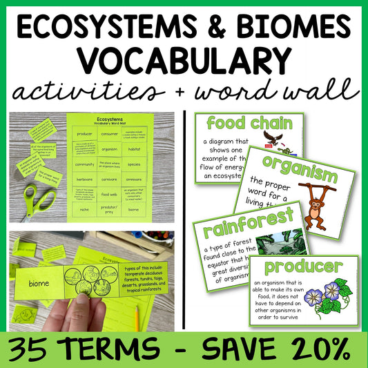 Educational materials activities for ecosystems and biomes vocabulary with word cards, definitions, and science word wall.