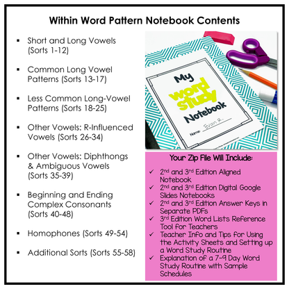 Word Study Notebook Mega Bundle includes engaging activities and worksheets for spellers in the Within Word Pattern Stage covering short and long vowels, common and less common long vowel patterns, r-influenced vowels, diphthongs and ambiguous vowels, beginning and ending complex consonants, homophones, and more!