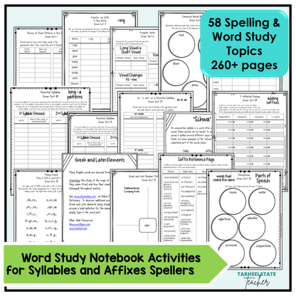 Collection of spelling and word study activities with a focus on syllables and affixes