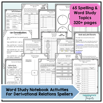 Collection of word study activities and worksheets with a focus on derivational relations spelling.