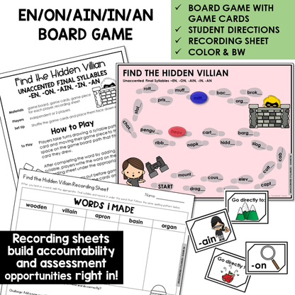 Find The Hidden Villain Board Game for -EN, -ON, -AIN, -IN, and -AN endings, with recording sheet