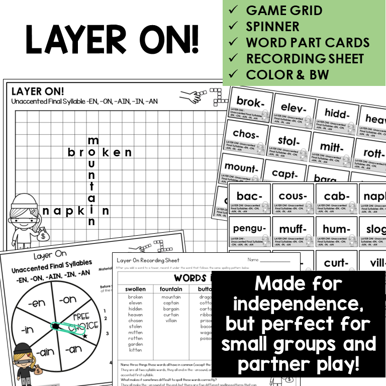 Layer On! word building activity for -EN, -ON, -AIN, -IN, and -AN endings