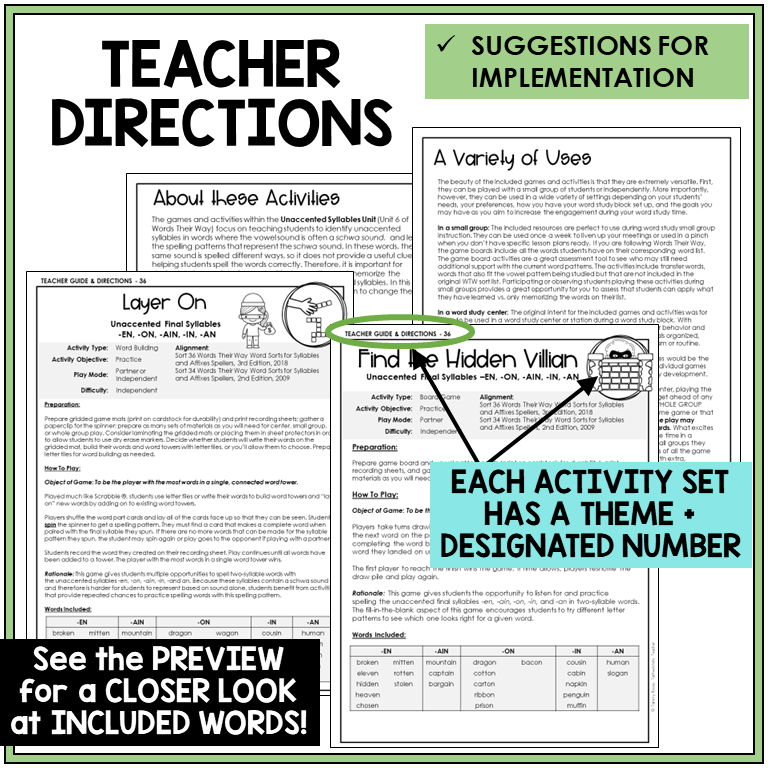 Teacher directions for -EN, -ON, -AIN, -IN, and -AN endings games