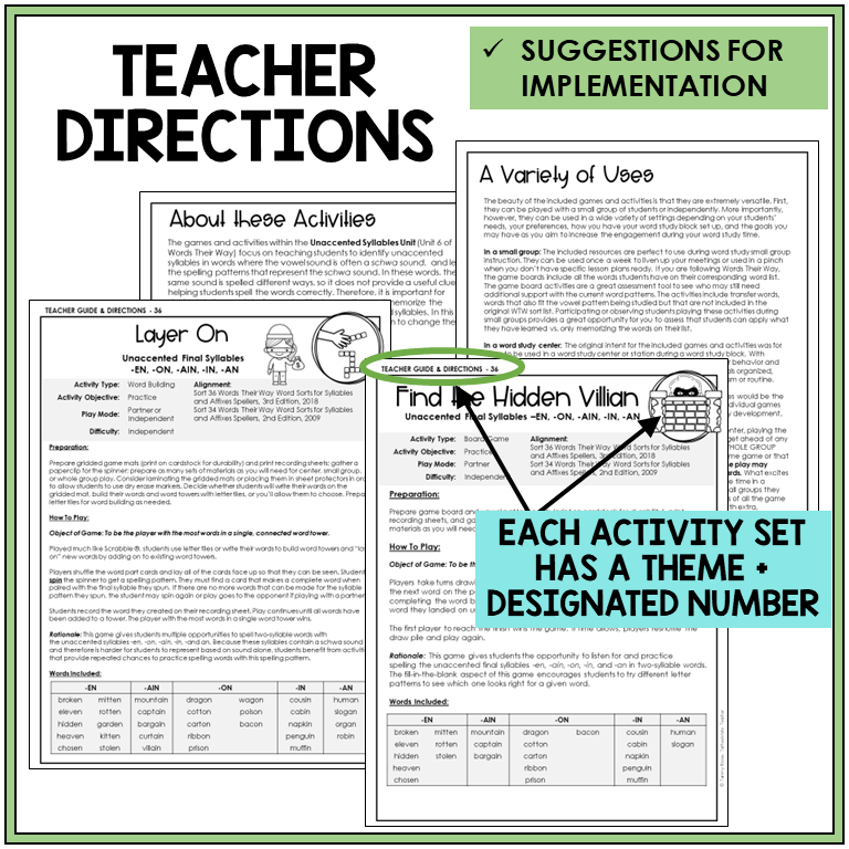 Teacher directions and suggestions for implementation, -EN, -ON, -AIN, -IN, and -AN endings