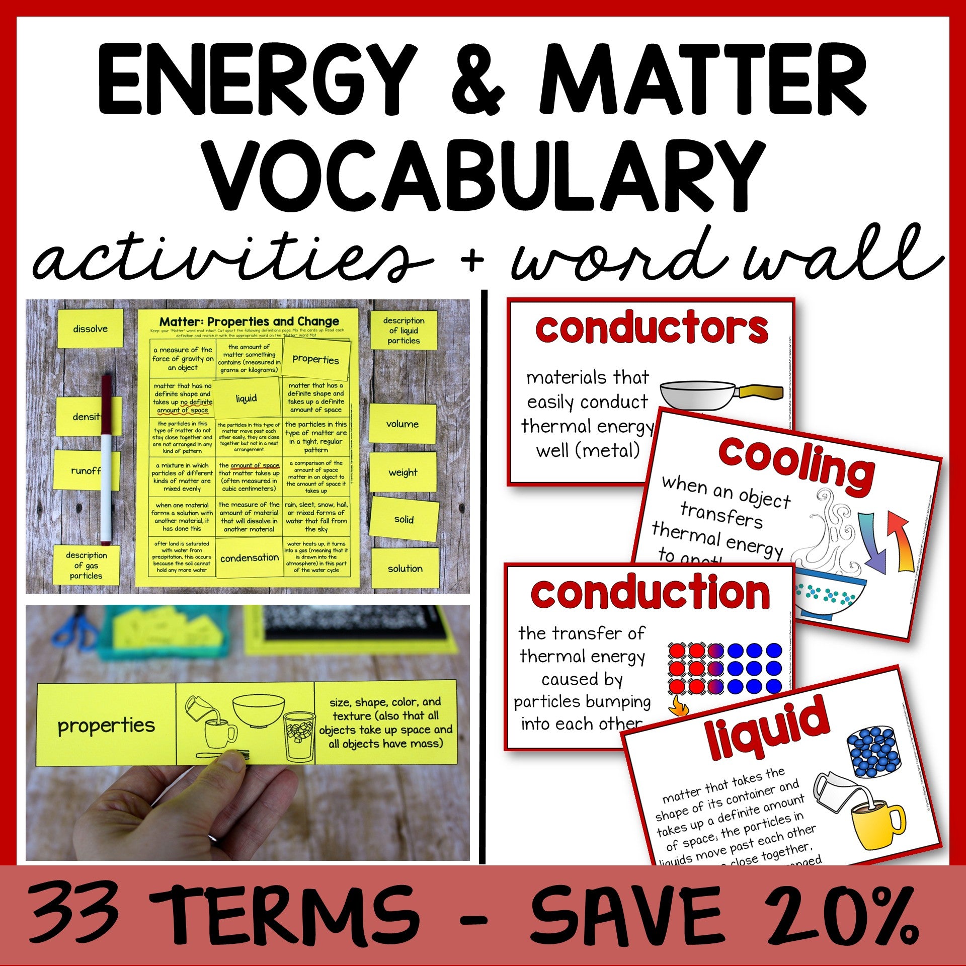 Educational activities for teaching energy and matter vocabulary with word wall cards and posters.