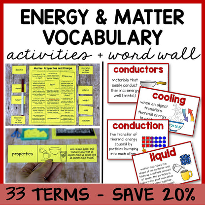 Educational activities for teaching energy and matter vocabulary with word wall cards and posters.