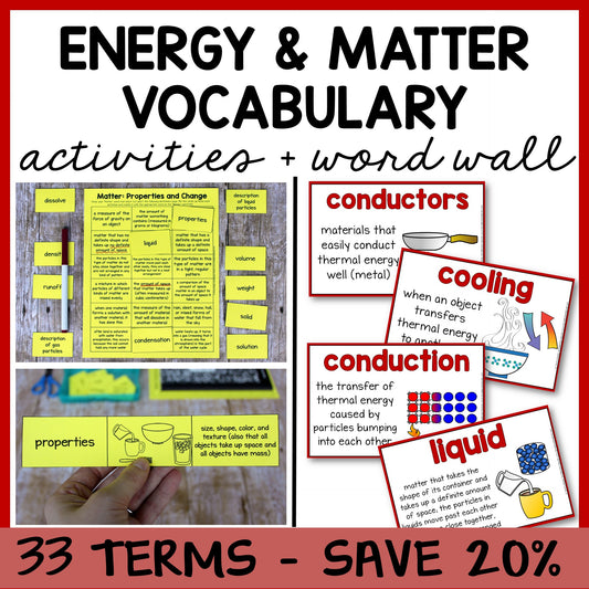 Educational activities for teaching energy and matter vocabulary with word wall cards and posters.