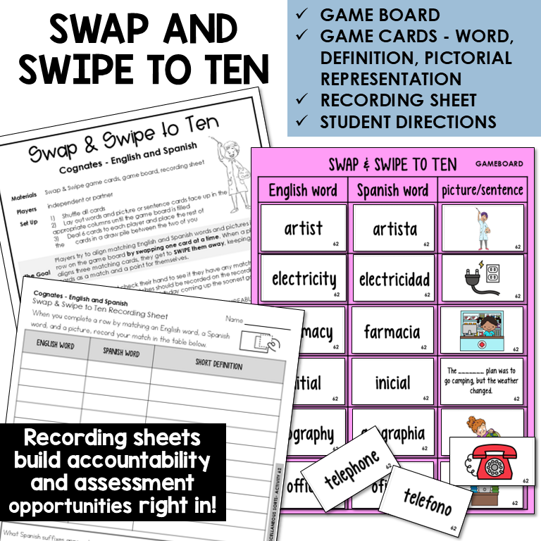 Swipe & Swap to Ten card game for English and Spanish cognates