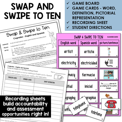 Swipe & Swap to Ten card game for English and Spanish cognates