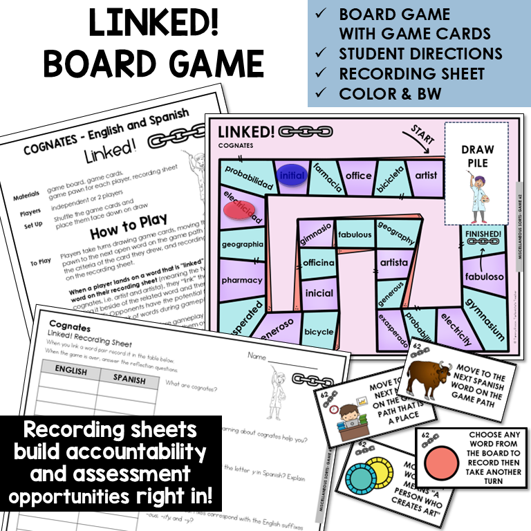 Linked! board game for English and Spanish cognates