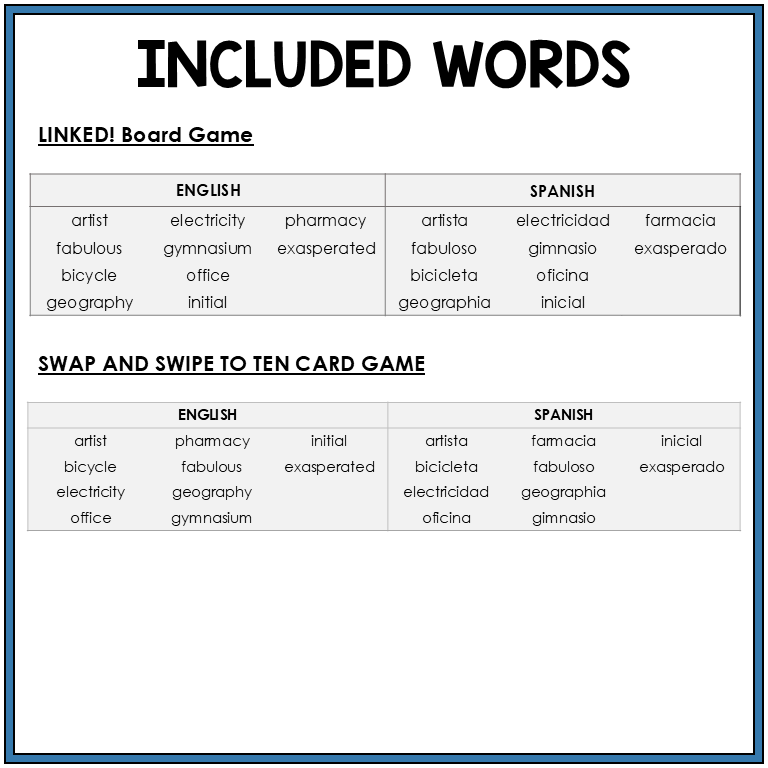 Word list for English and Spanish cognates, Sort 62