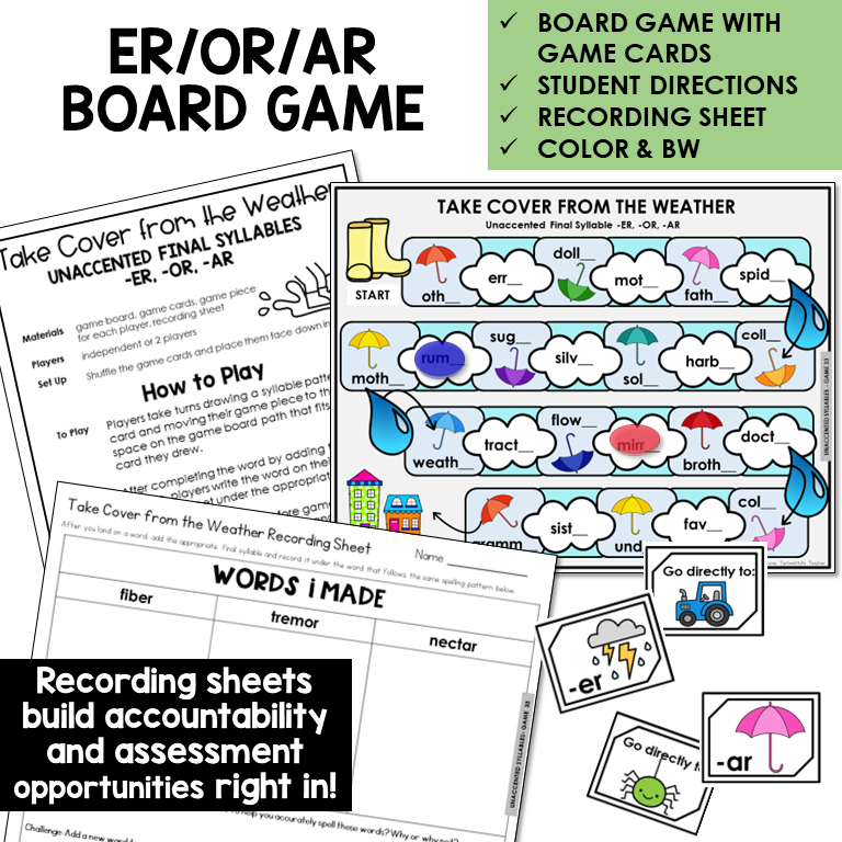 Take Cover From The Weather Board Game for -ER, -OR, and -AR endings, with recording sheet