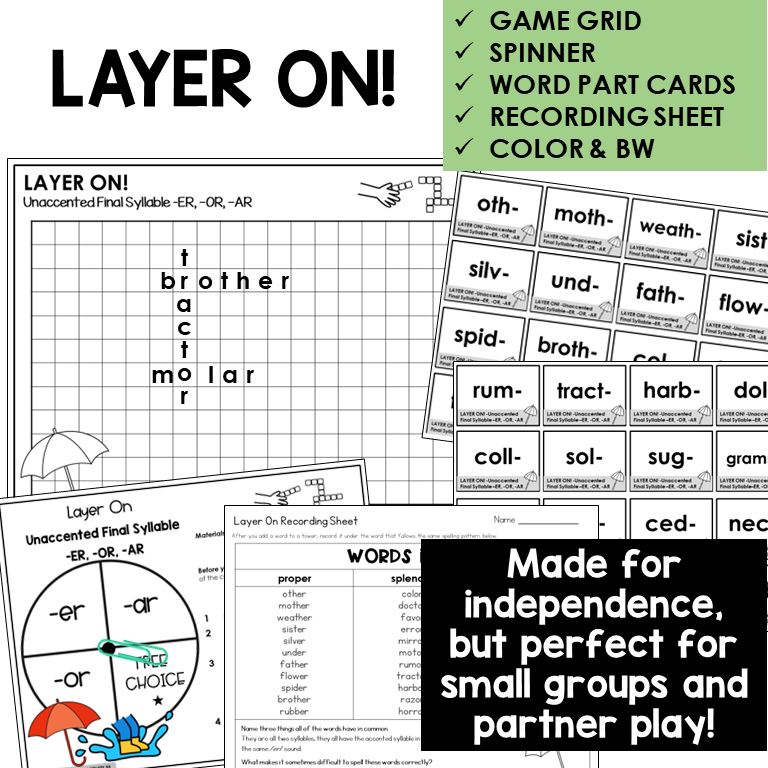 Layer On! word building activity for -ER, -OR, and -AR endings