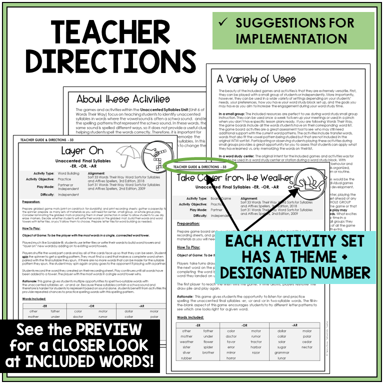 Teacher directions for -ER, -OR, and -AR endings games