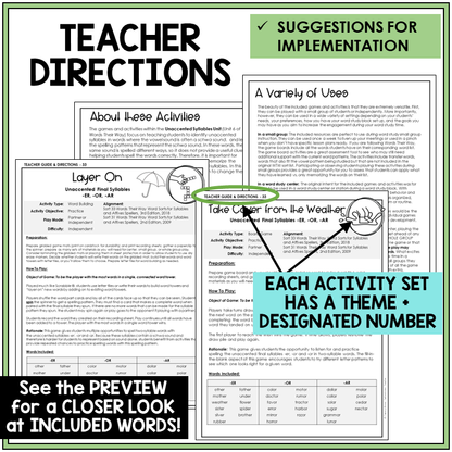 Teacher directions for -ER, -OR, and -AR endings games