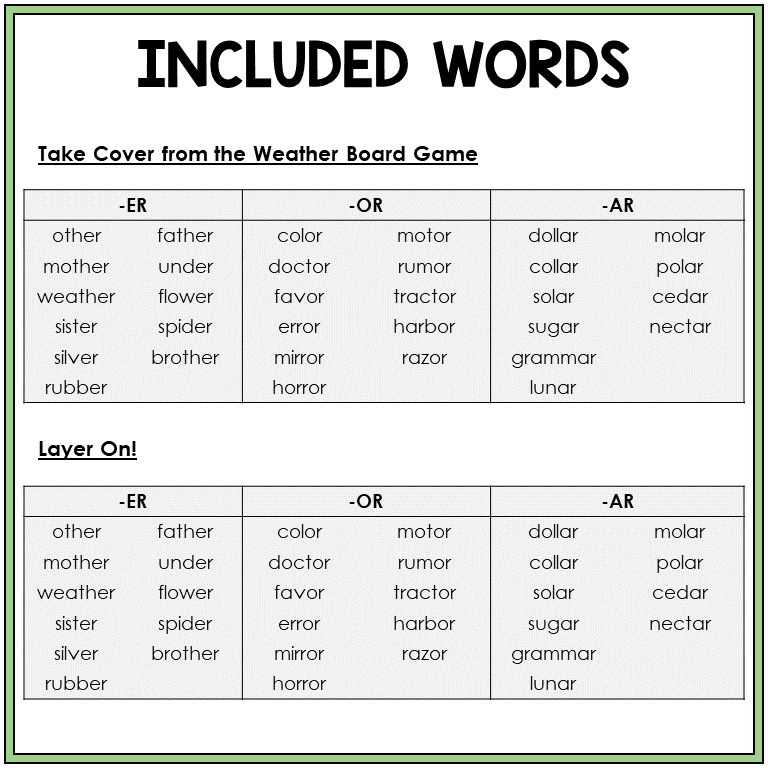 Word list for -ER, -OR, and -AR endings, Sort 33