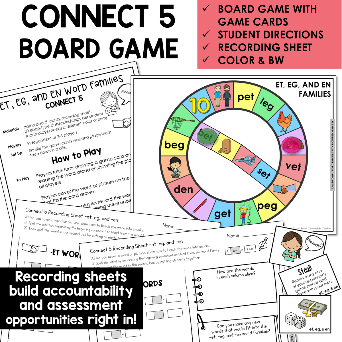 Connect 5 board game, game cards, and recording sheet for ET, EG, and EN word families
