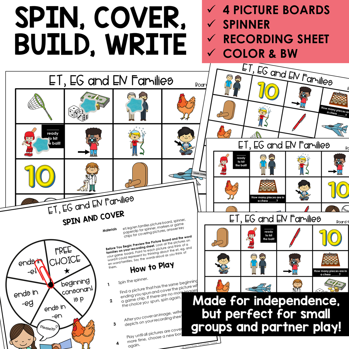 Spin, Cover, Build, Write picture boards and spinner for ET, EG, and EN word families