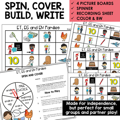 Spin, Cover, Build, Write picture boards and spinner for ET, EG, and EN word families