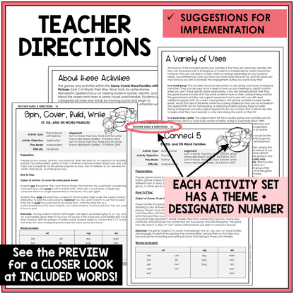Teacher directions for ET, EG, and EN word family games