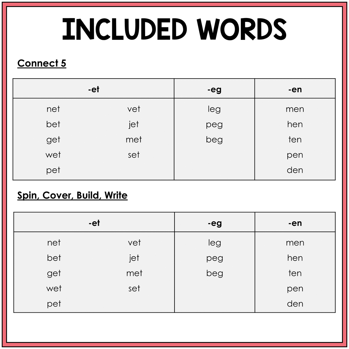 Word list for ET, EG, and EN word family games, Sort 16