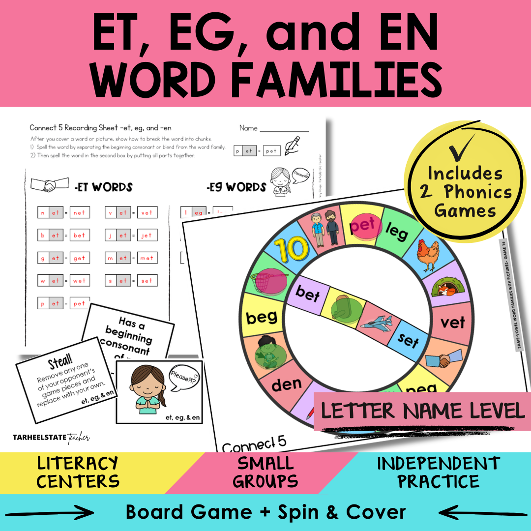 ET, EG, and EN Word Families Sort 16 Letter Name Games cover