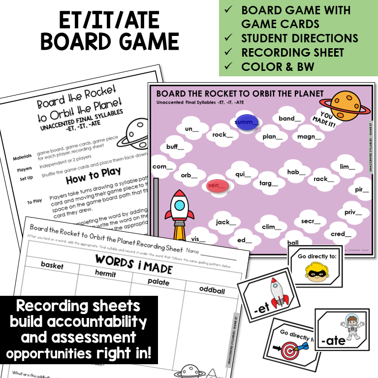 Board The Rocket To Orbit The Planet Board Game for -ET, -IT, and -ATE endings, with recording sheet