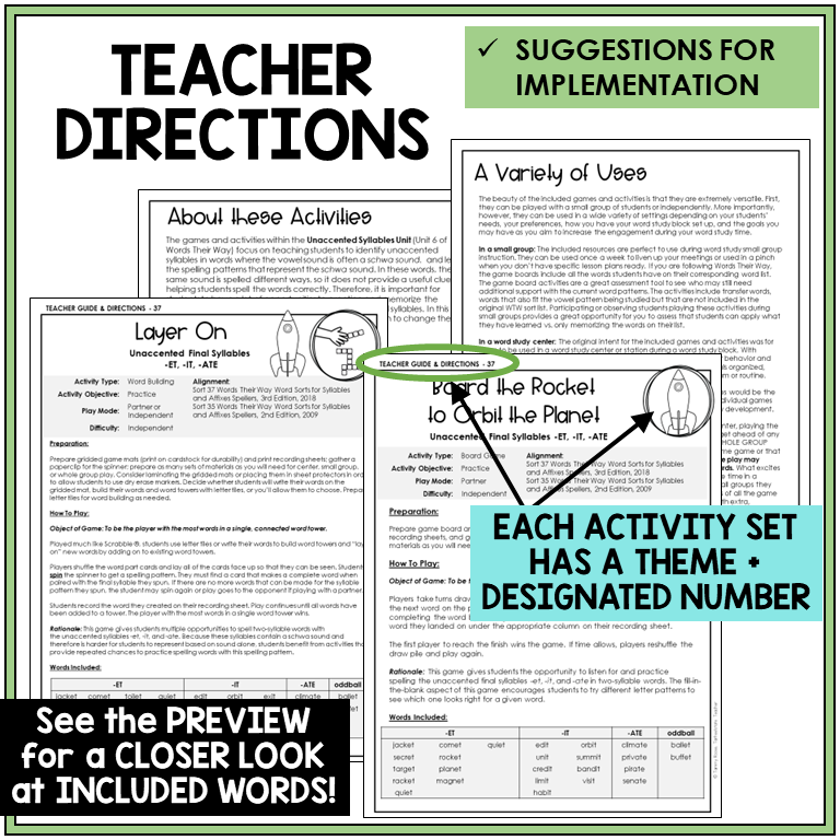 Teacher directions for -ET, -IT, and -ATE endings games