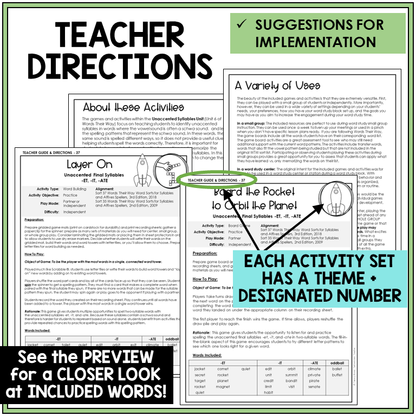 Teacher directions for -ET, -IT, and -ATE endings games
