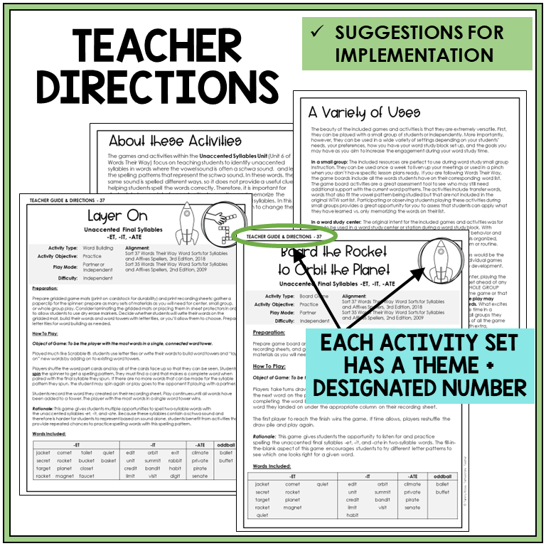 Teacher directions and suggestions for implementation, -ET, -IT, and -ATE endings
