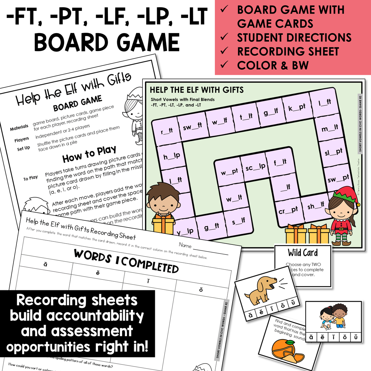Help the Elf with Gifts board game, game cards, and recording sheet for Short Vowel words with final blends -FT, -PT, -LF, -LP, and -LT