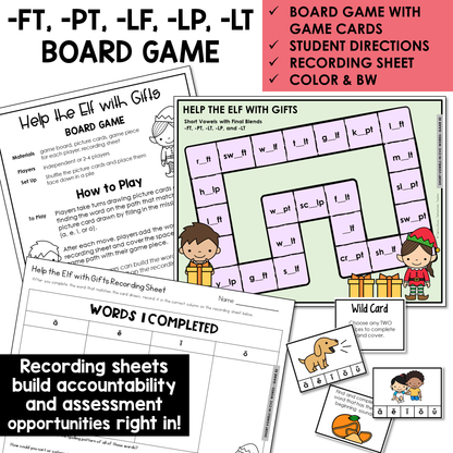 Help the Elf with Gifts board game, game cards, and recording sheet for Short Vowel words with final blends -FT, -PT, -LF, -LP, and -LT