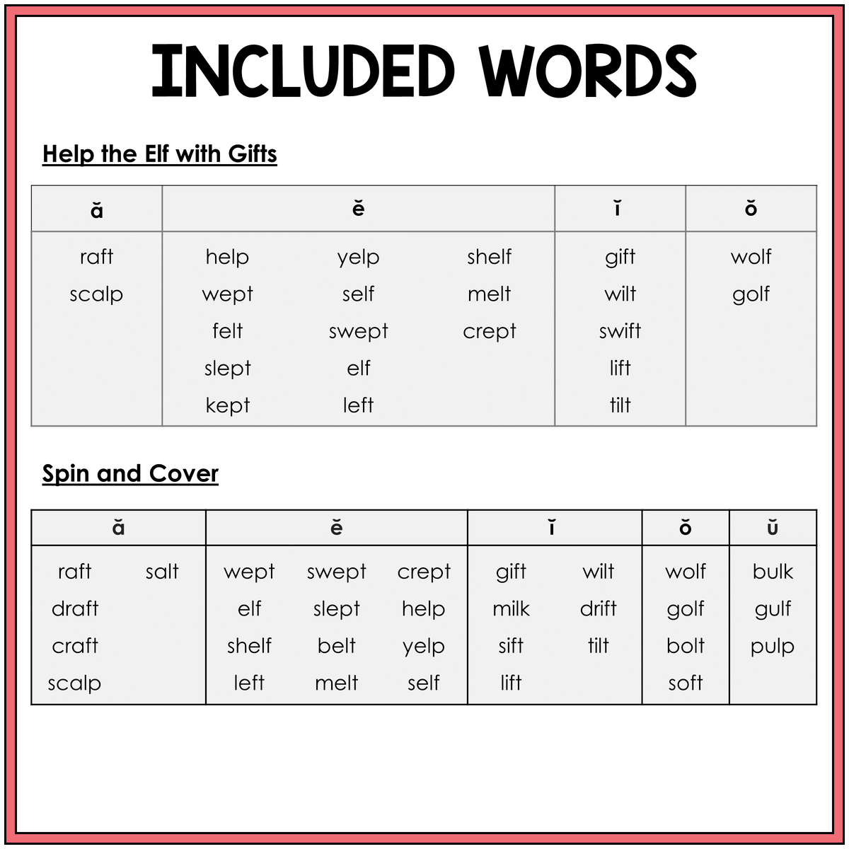 Word list for -FT, -PT, -LF, -LP, and -LT final blend games, Sort 52
