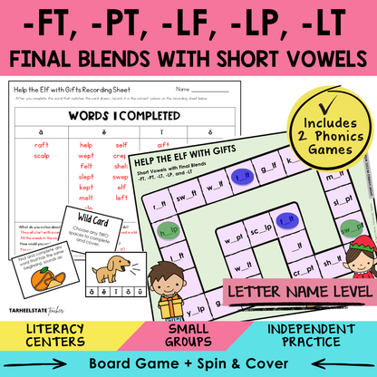 -FT, -PT, -LF, -LP, -LT Final Blends with Short Vowels Sort 52 Letter Name Games cover
