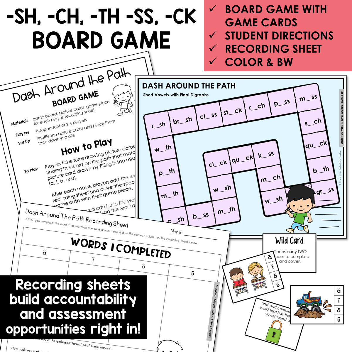 Dash Around the Path board game, game cards, and recording sheet for Short Vowel words with final digraphs