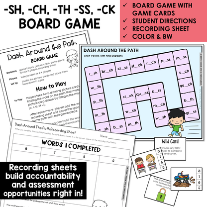 Dash Around the Path board game, game cards, and recording sheet for Short Vowel words with final digraphs
