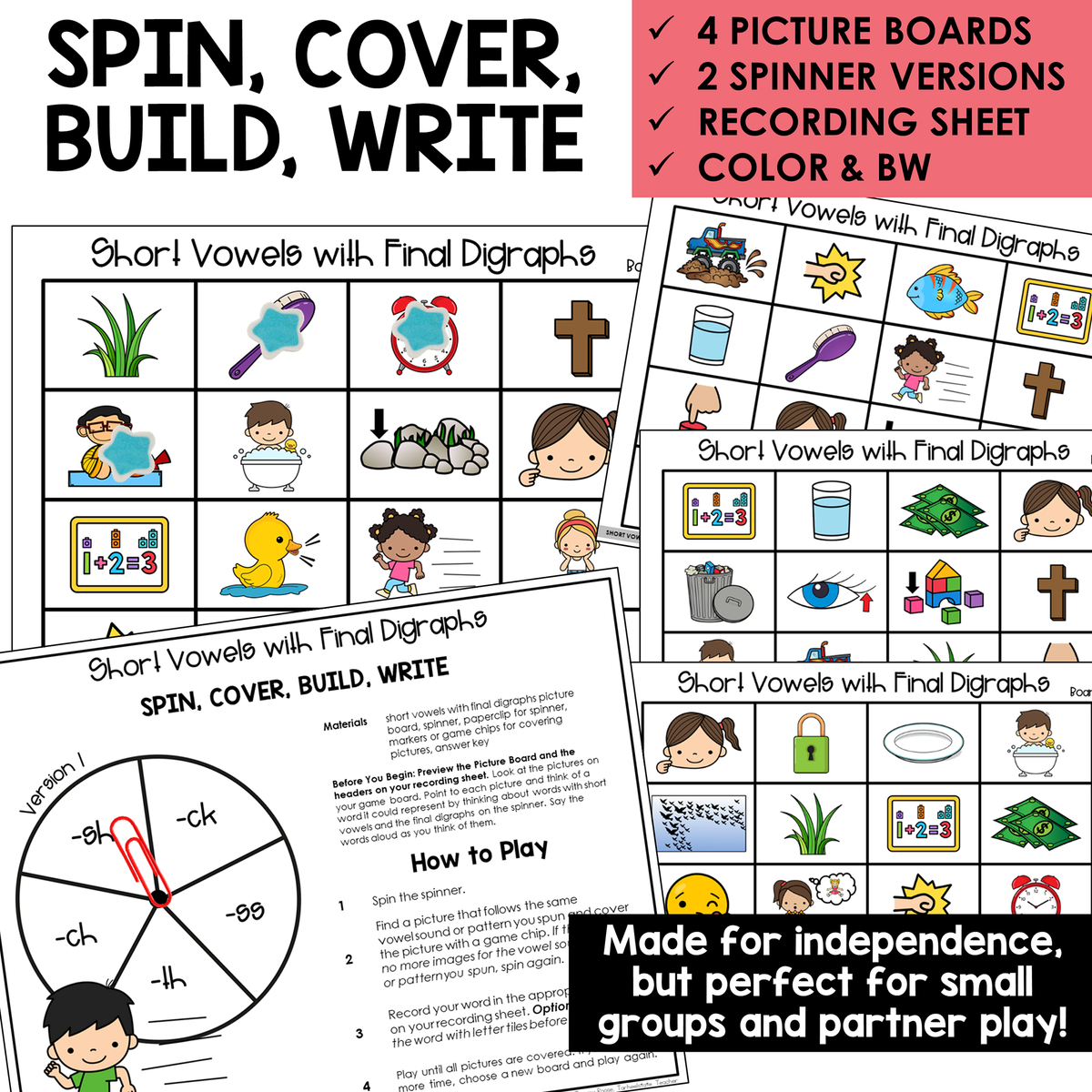Spin, Cover, Build, Write picture boards and spinners for Short Vowel words with final digraphs