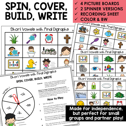 Spin, Cover, Build, Write picture boards and spinners for Short Vowel words with final digraphs