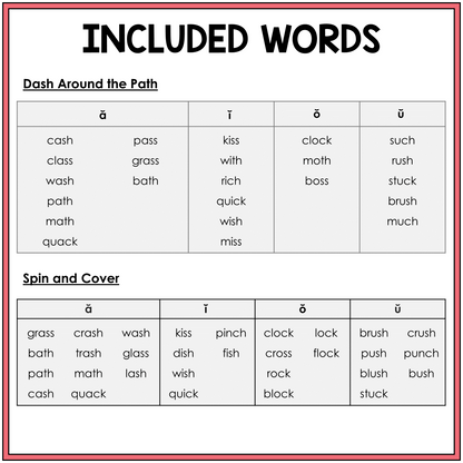 Word list for -SH, -CH, -TH, -SS, and -CK final digraph games, Sort 50