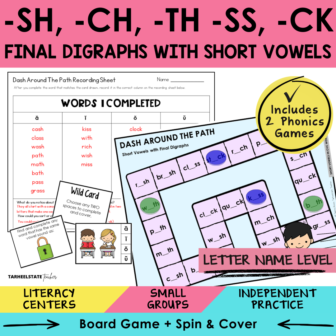 -SH, -CH, -TH, -SS, -CK Final Digraphs with Short Vowels Sort 50 Letter Name Games cover