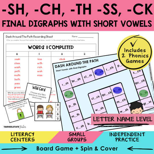 -SH, -CH, -TH, -SS, -CK Final Digraphs with Short Vowels Sort 50 Letter Name Games cover