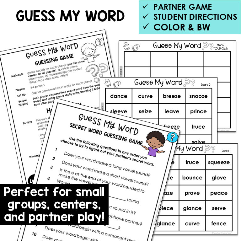 Guess My Word boards and question sheet for -CE, -VE, and -ZE words
