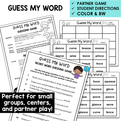 Guess My Word boards and question sheet for -CE, -VE, and -ZE words
