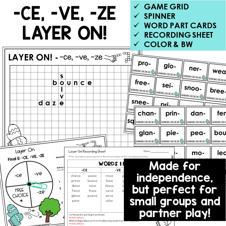 Layer On word tower game with spinner, word part cards, and recording sheet for -CE, -VE, and -ZE