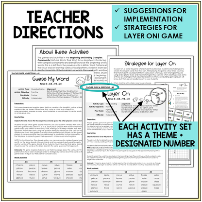 Teacher directions for -CE, -VE, and -ZE games