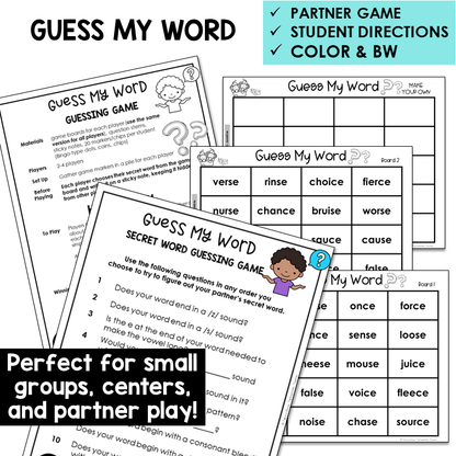 Guess My Word boards and question sheet for -SE and -CE words