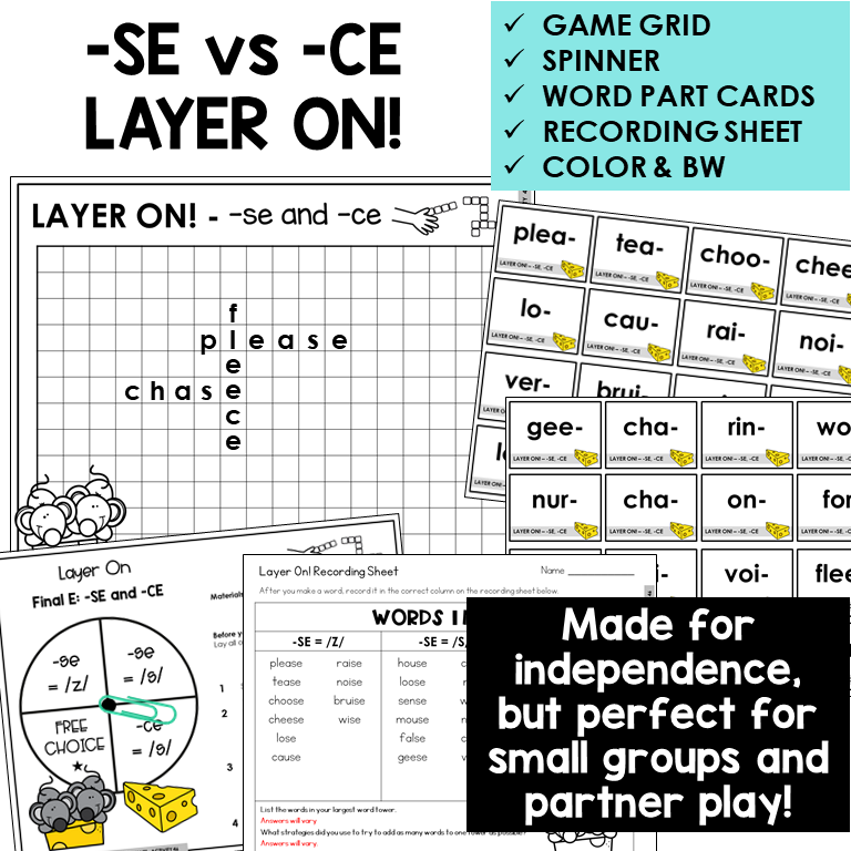 Layer On word tower game with spinner, word part cards, and recording sheet for -SE and -CE