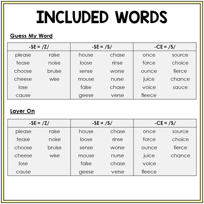 Word list for -SE and -CE games, Sort 46