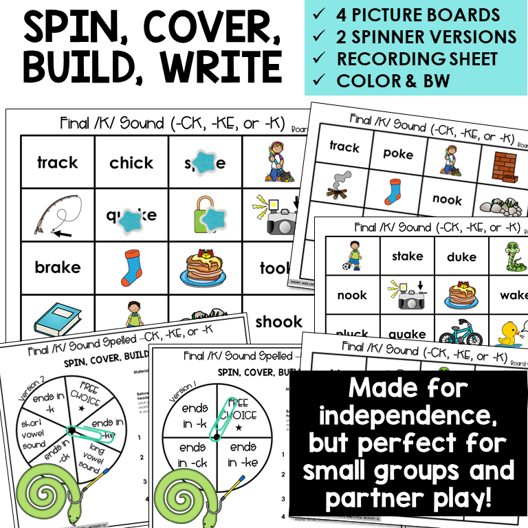 Spin, Cover, Build, Write picture boards for final /k/ sound words