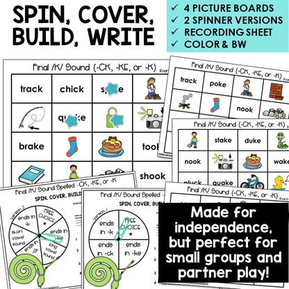 Spin, Cover, Build, Write picture boards for final /k/ sound words